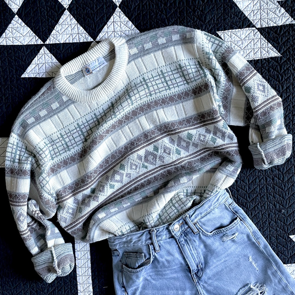 Vintage Cream and Gray Patterned Grandpa Sweater